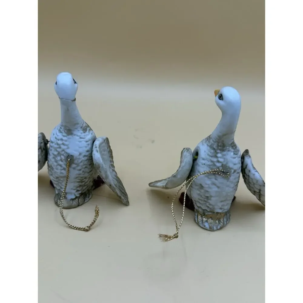 Vintage Goose Christmas Ornaments Pair Porcelain Ceramic Winged Birds Repair
